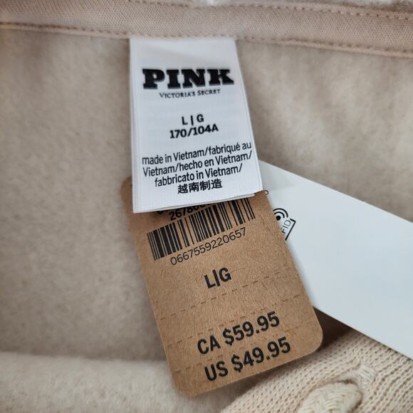 Victoria's Secret Pink Ivy Fleece Croppped Hoodie Sweatshirt Tan White Large - Picture 9 of 10